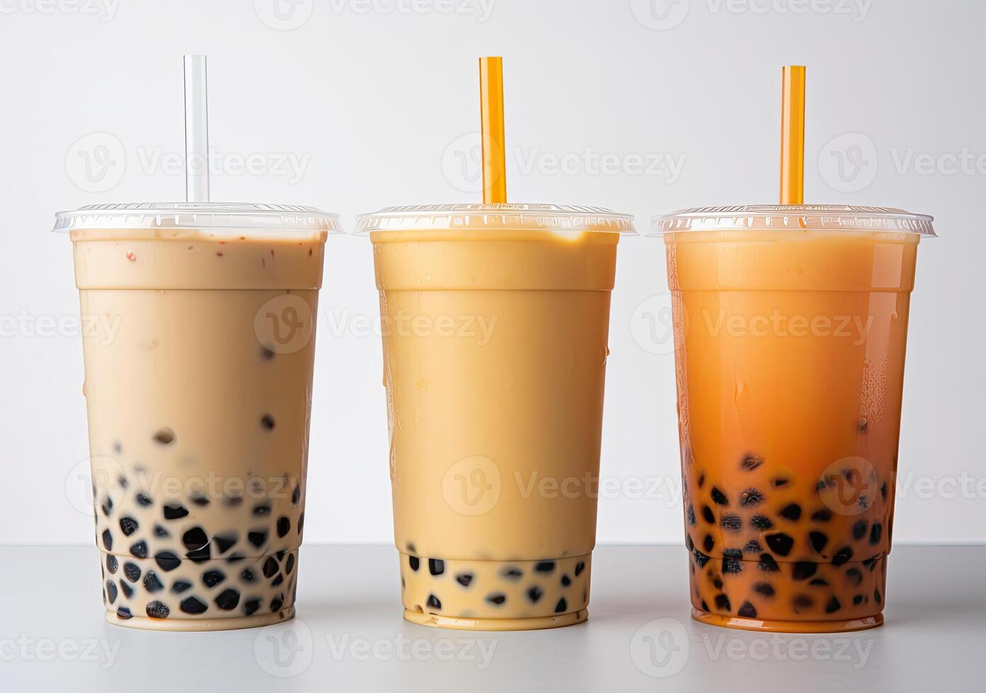 Generative AI illustration of product photo of 3 plastic cups of boba milk tea, with bubbles, fun, solid soft pastel background