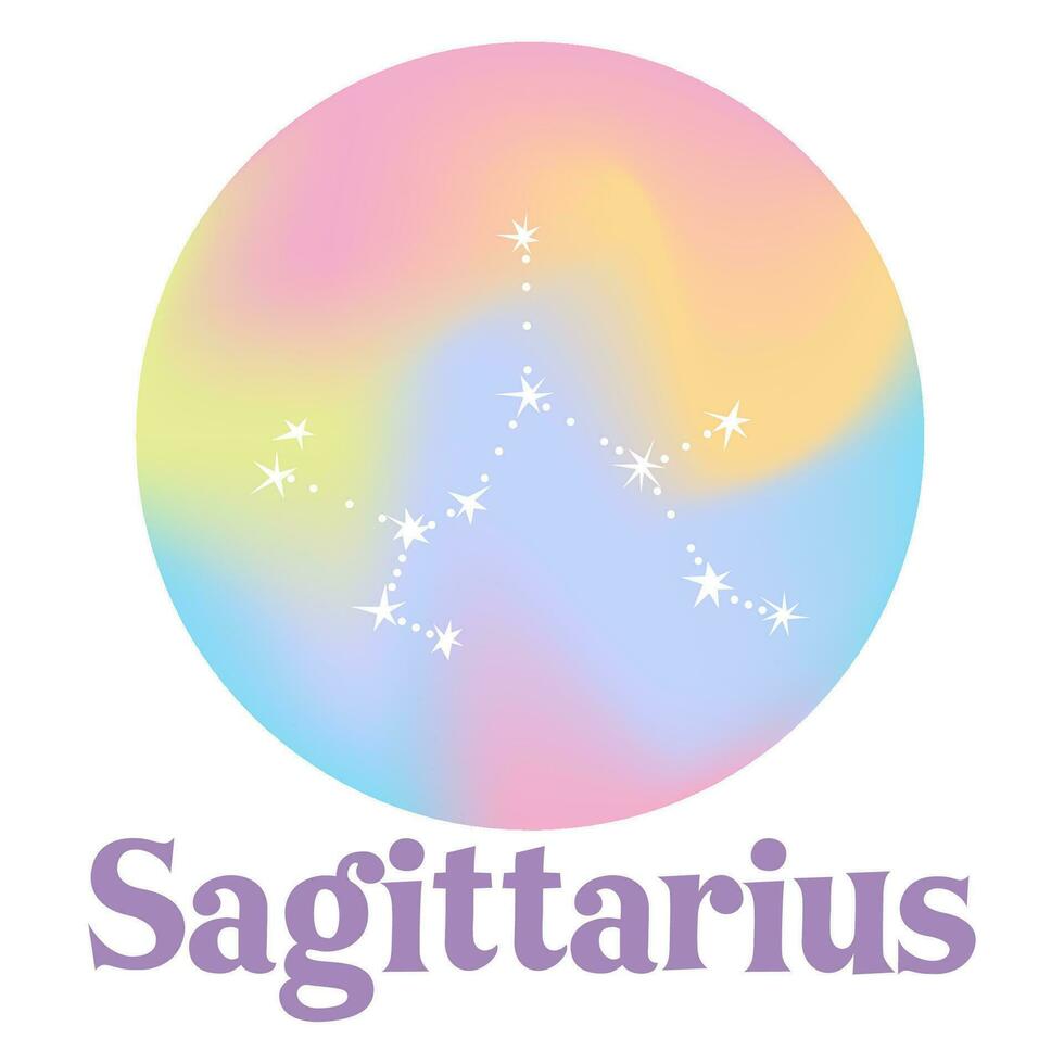 zodiac signs on a holographic gradient background. Astrological horoscope. Constellation  Sagittarius. Stock vector illustration