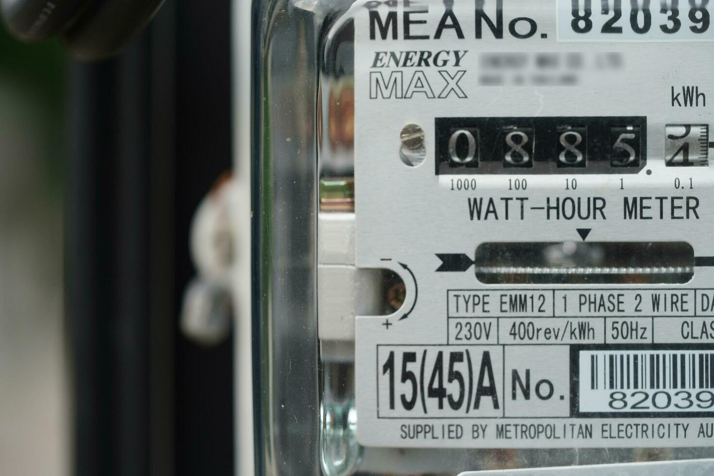 Bangkok, Thailand - May 15, 2022 Electric measuring power meter for energy cost at home and office. photo
