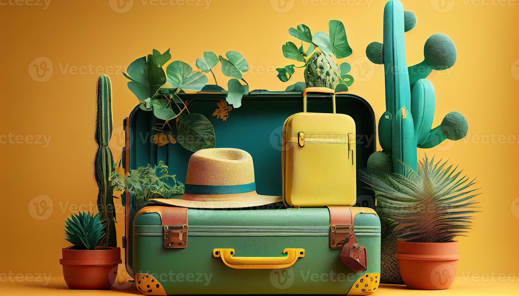 illustration of travel suitcases, mumka and summer hat, with houseplants, composition for tourism and travel banner in bright colors uplite, copy space photo