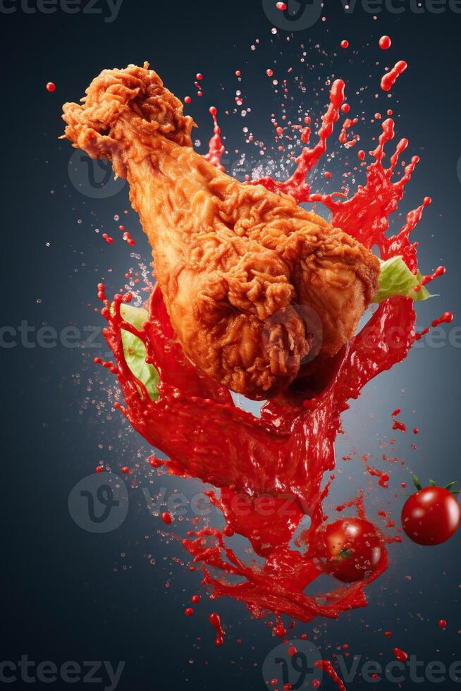 generativo ai ilustración de rojo chile pimienta salpicaduras con frito pollo en sólido color antecedentes foto