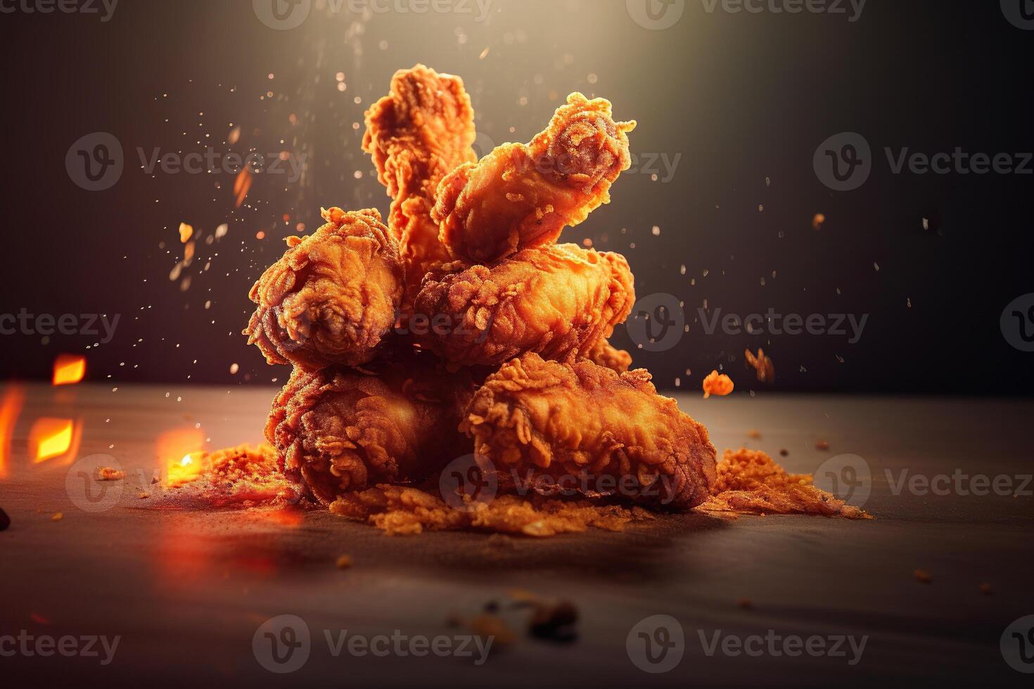 Generative AI illustration of flying fried chicken plain background photo