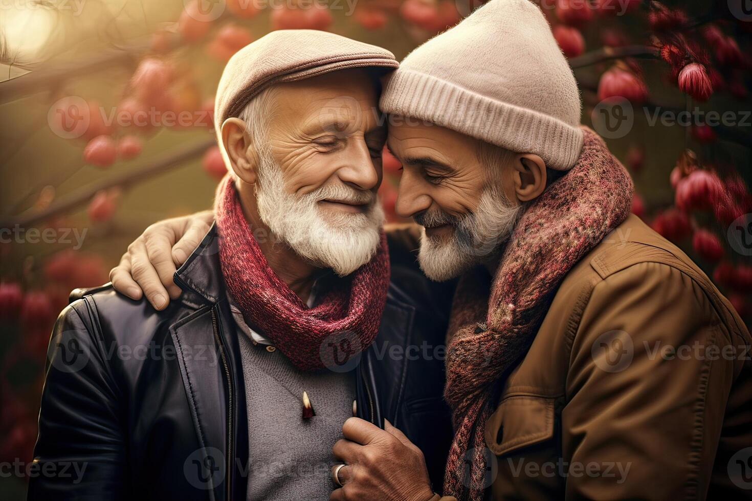 illustration of a married, elderly gay male couple embrace each other in a show of love and affection photo