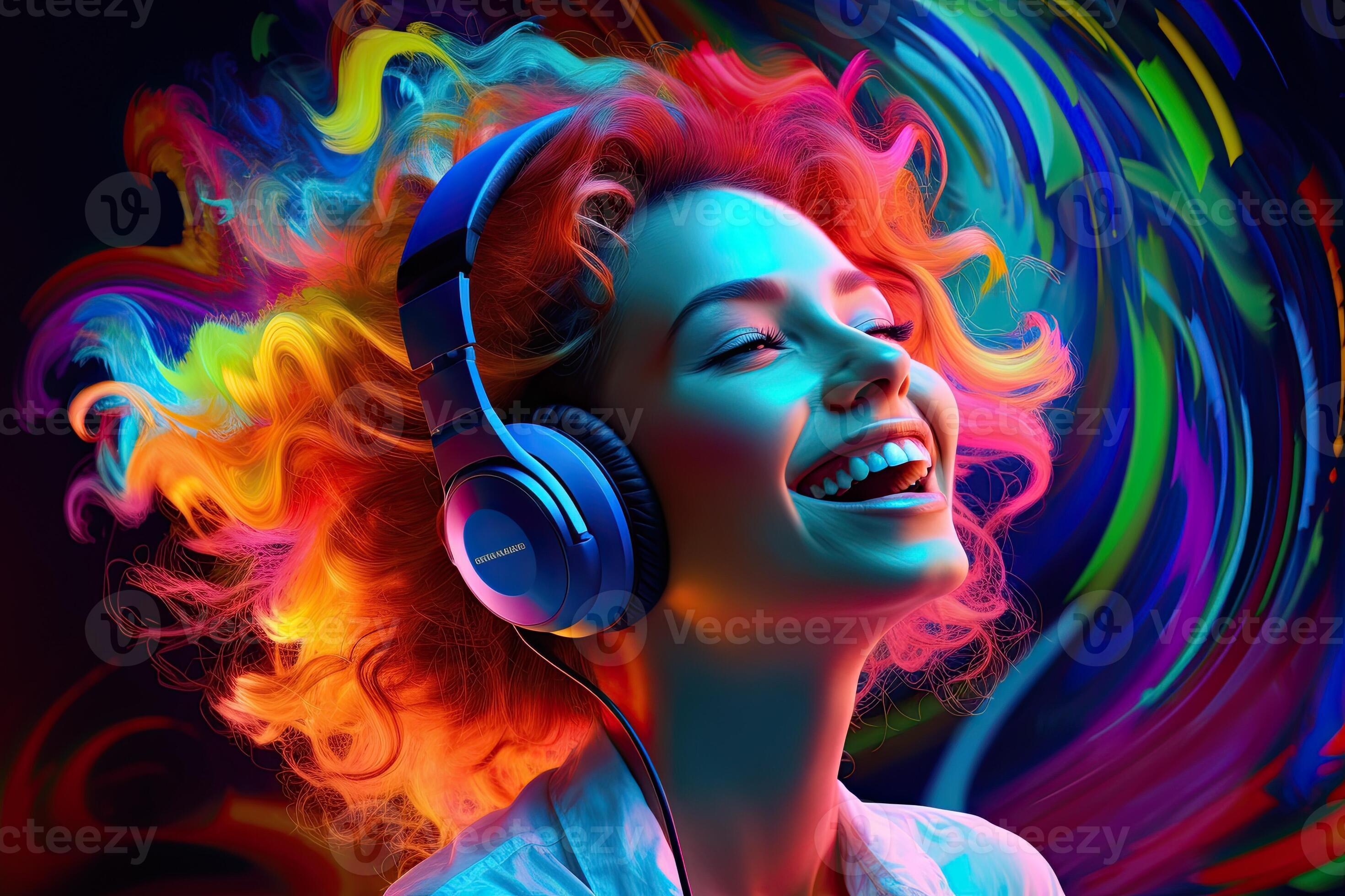 illustration of smiling woman listening to music positive and joyful