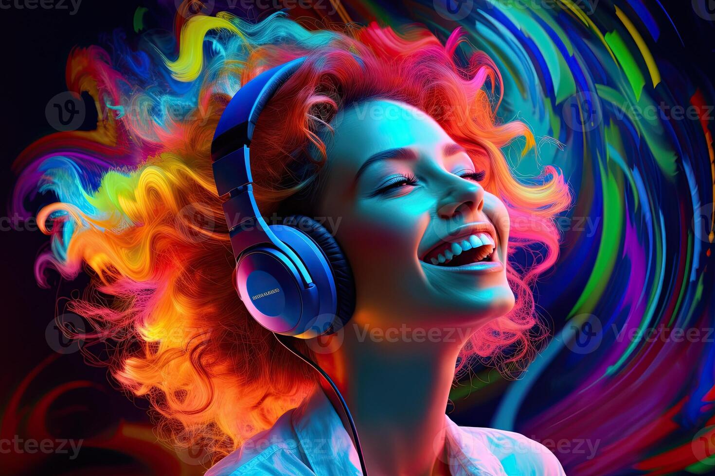 Generative AI illustration of smiling woman listening to music - positive and joyful. Solid color neon background photo