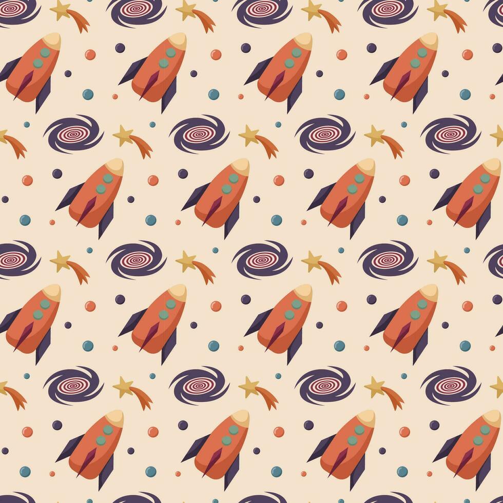 Vector seamless pattern with constellations, shooting star, rocket, black hole. Cute baby sky patterns in warm colors. Pastel wallpaper, repeating background.