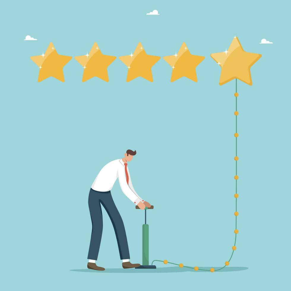 User satisfaction and experience, five star rating, product quality and service feedback, customer reviews or credit rating, evaluation rank and business reputation, man pumping fifth star rating. vector