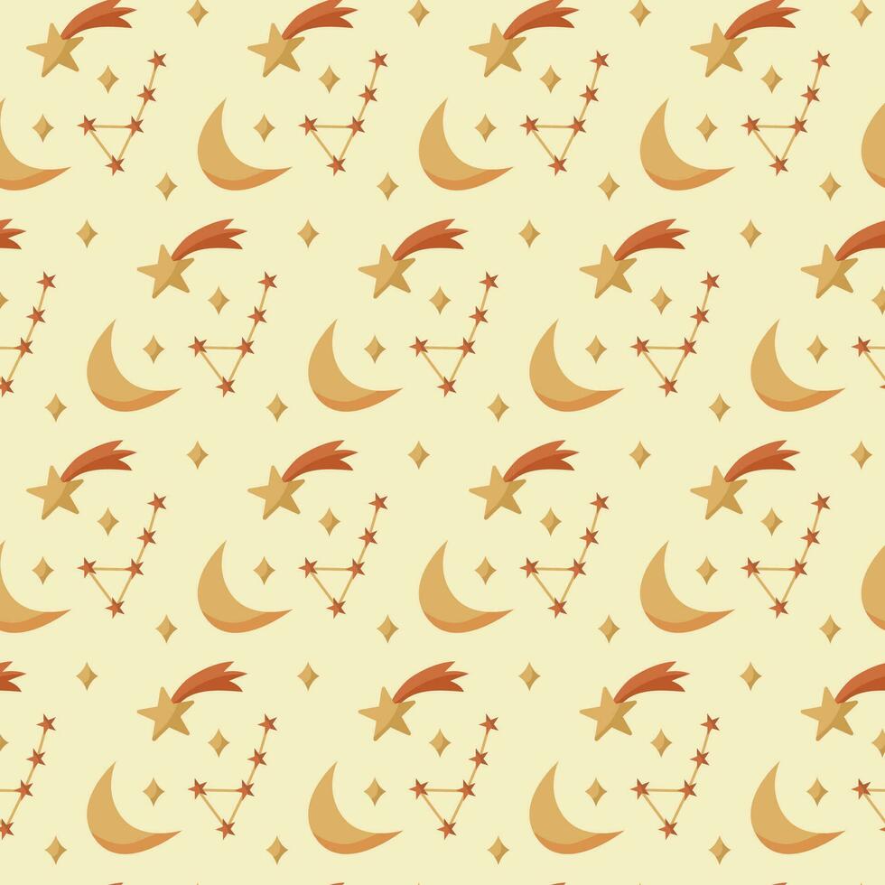Vector seamless pattern with constellations, falling star, moon. Cute baby sky patterns in warm colors. Pastel wallpaper, repeating background.