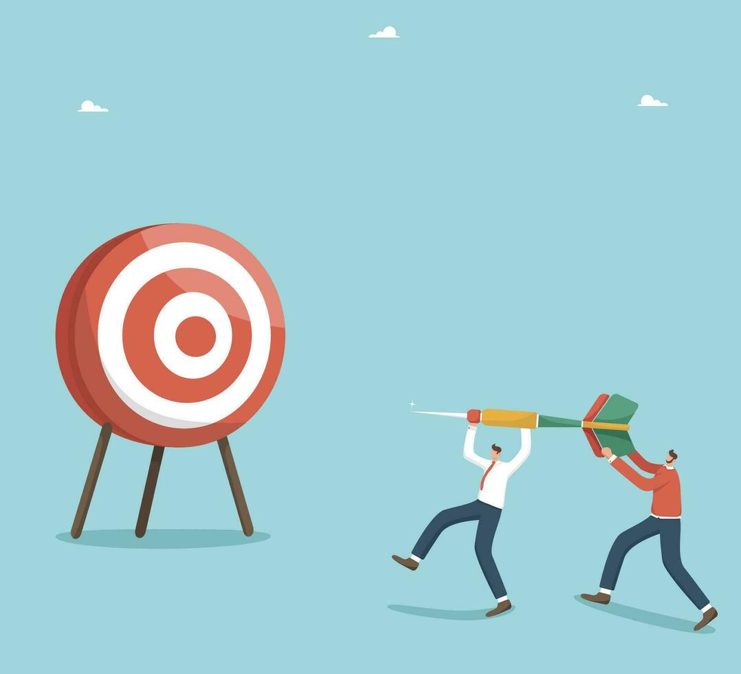 Collaboration and partnership in achieving goals, accuracy in setting and planning business strategies, teamwork in solving work tasks, motivation for great success, two men throw a dart at a target. vector