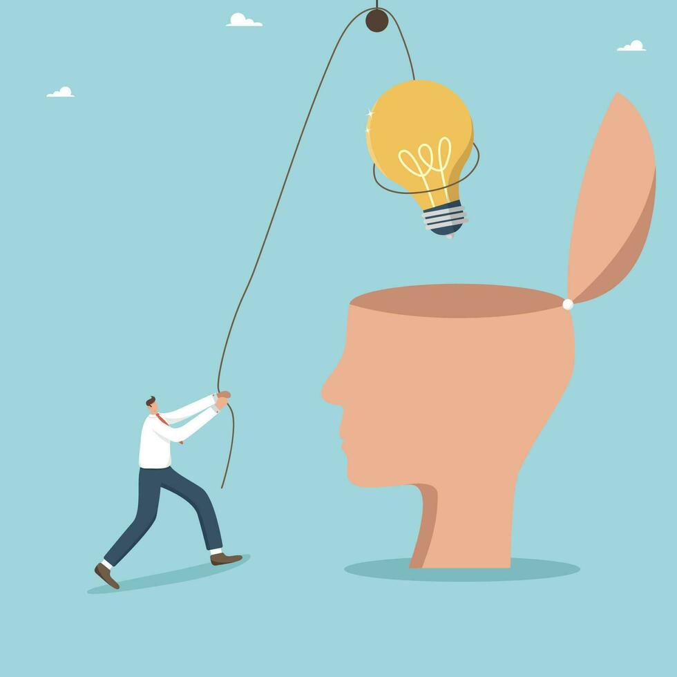 Search of ideas or strategy for creating or developing a business, new opportunities and knowledge to achieve great success, creative approach to solving problems, man puts a light bulb in a big head. vector