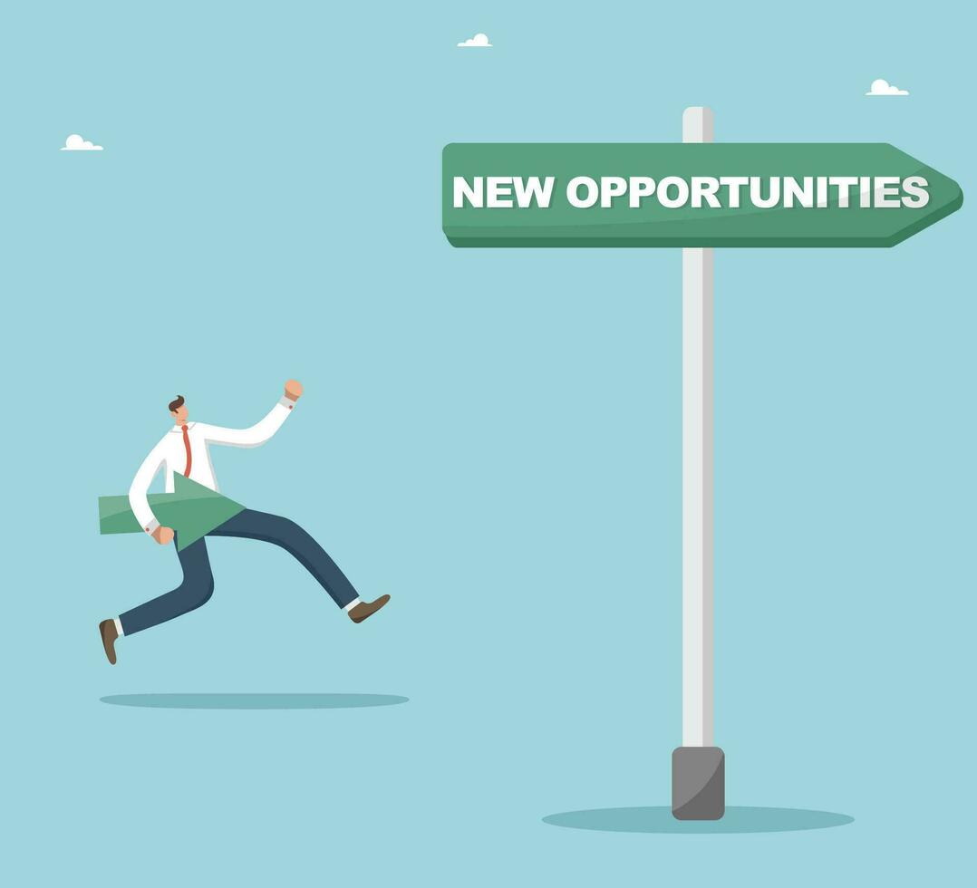 Innovation and business planning to achieve great success, progress and improvement on the way to achieve goals, creative motivation for career growth, man runs on the pointer to new opportunities. vector