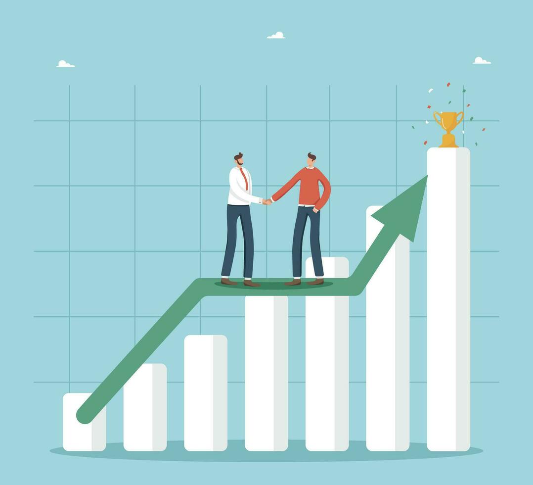 Collaboration in achieving goals, partnership for income and profit growth, teamwork to achieve heights in work, motivation for great success, two businessmen shaking hands on a growing graph arrow. vector