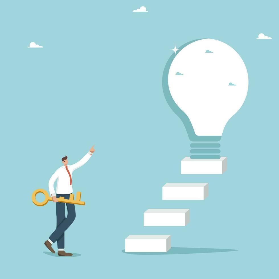 Secret key to achieve goals, unlock new opportunities and creative ideas for great success, introduce innovations for business development, man with a key stands near the door in form of light bulb. vector