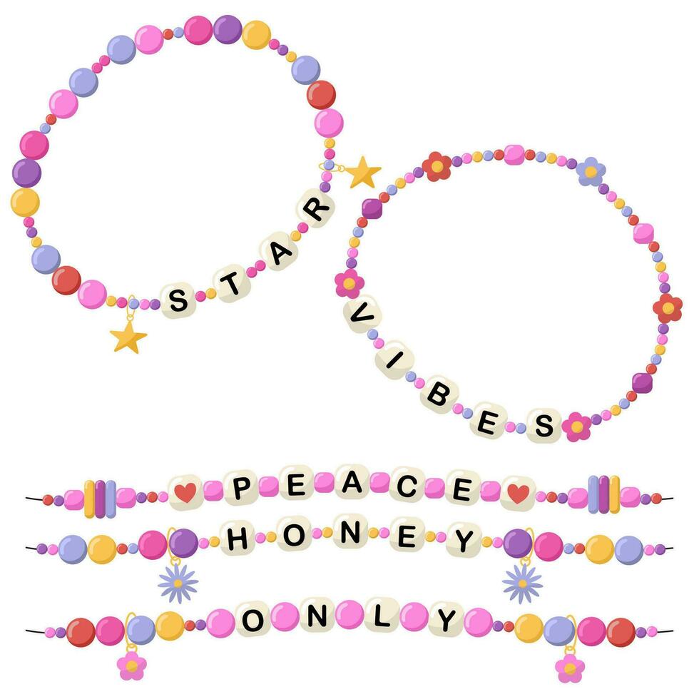 Collection of vector jewelry and children's ornaments. Bracelet made of handmade plastic beads. Set of bright colorful braided bracelets with words from the letters star, vibes, peace, honey, only.