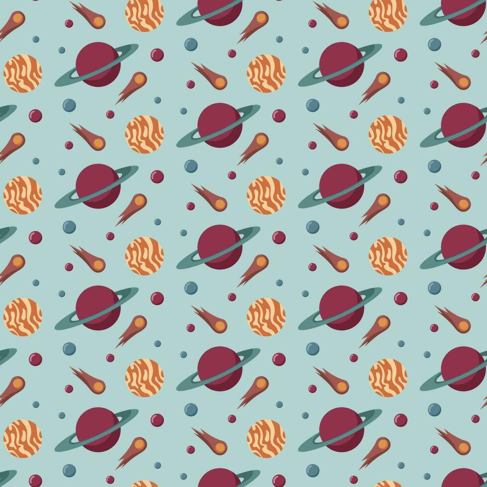 Vector seamless pattern with constellations, falling star, comet, planets. Cute baby sky patterns in warm colors. Pastel wallpaper, repeating background.