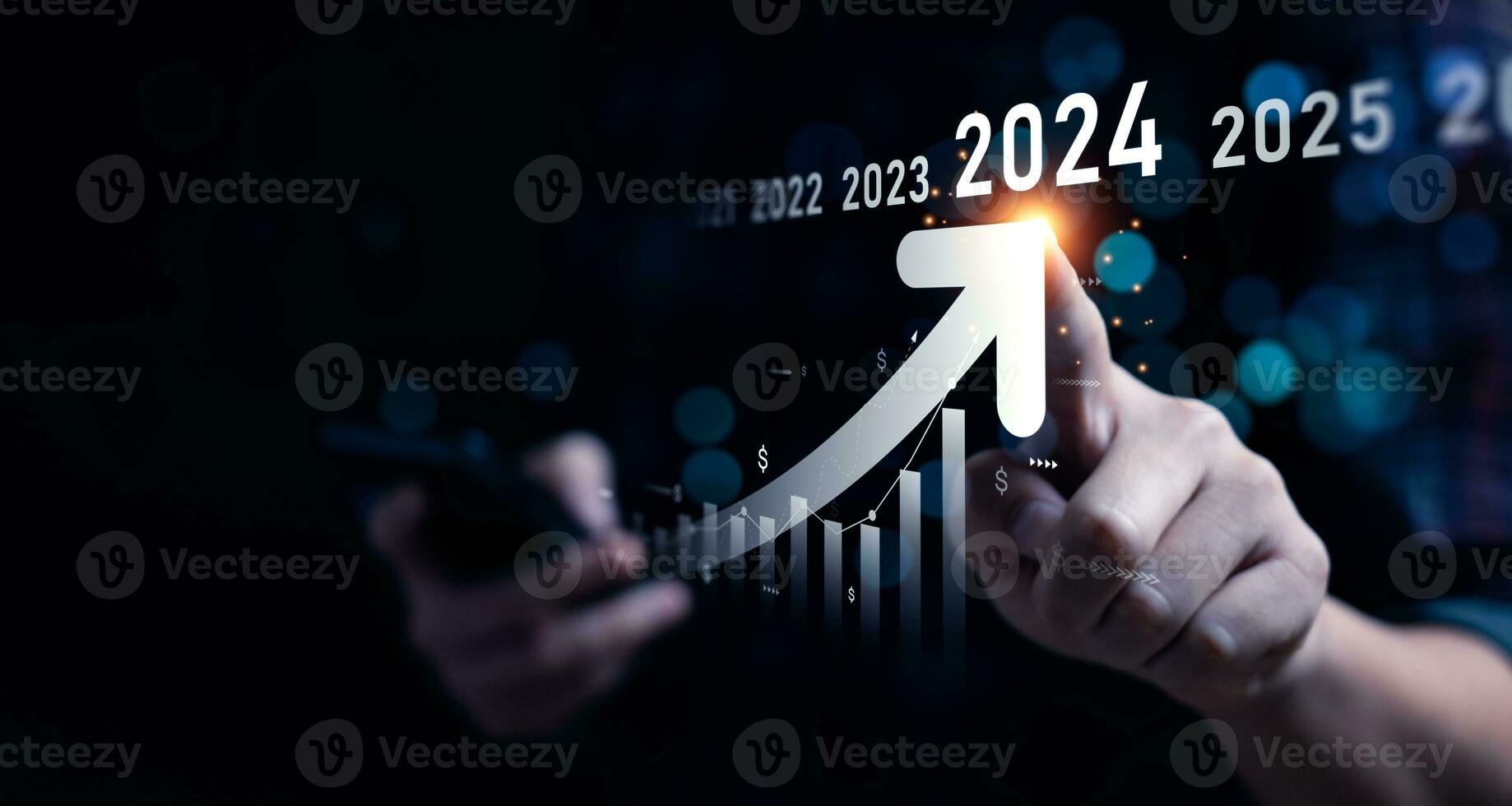 Business growing in 2024. analytical businessman planning business growth 2024, strategy digital marketing, profit income, economy, stock market trends and business, technical analysis strategy photo