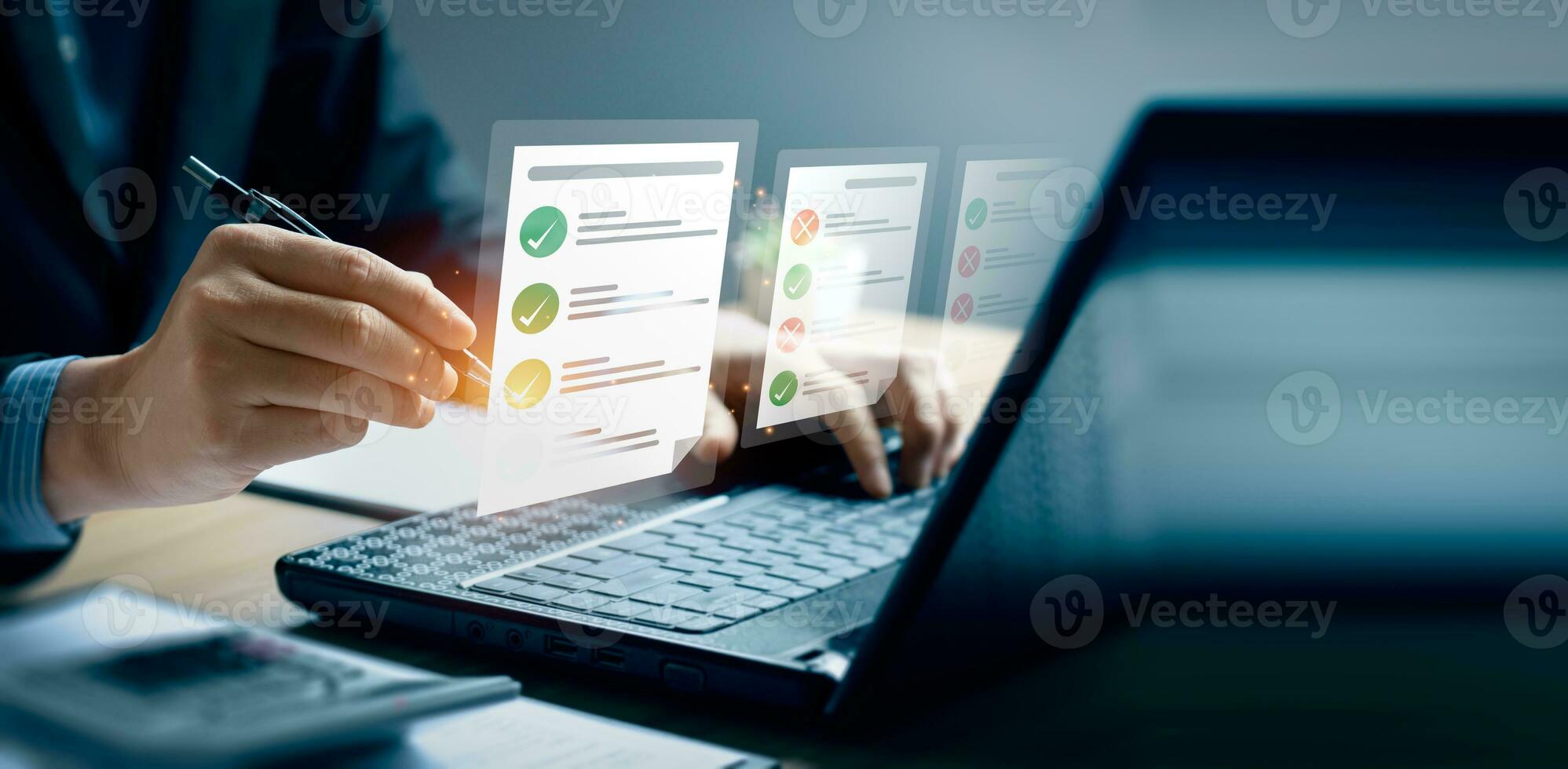 Business performance checklist, businessman using laptop doing online checklist survey, Check marks on checklist and Filling online form or answering questions. evaluation, online survey, online exam. photo