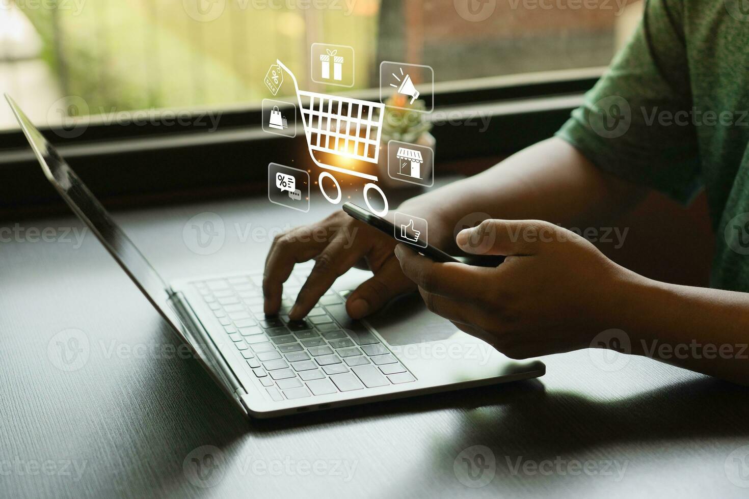 online shopping concept, businessman use smartphones to purchase products from online stores and shop on the internet, ecommerce store, online business, convenience, competitive price photo