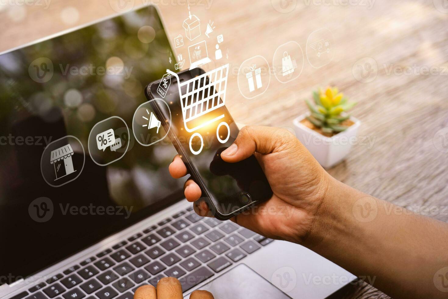 online shopping concept, businessman use smartphones to purchase products from online stores and shop on the internet, ecommerce store, online business, convenience, competitive price photo