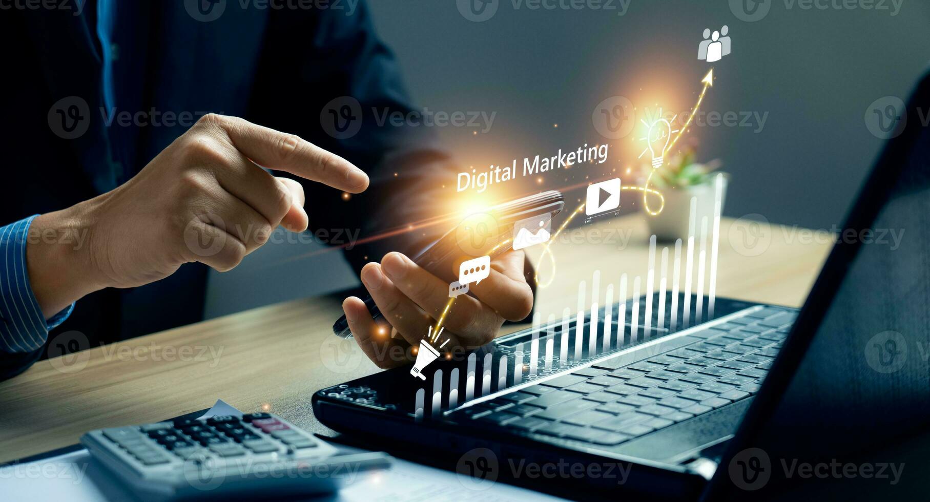 Digital marketing commerce online sale concept, Promotion of products or services through digital channels search engine, social media, email, website, Digital Marketing Strategies and Goals. SEO PPC photo