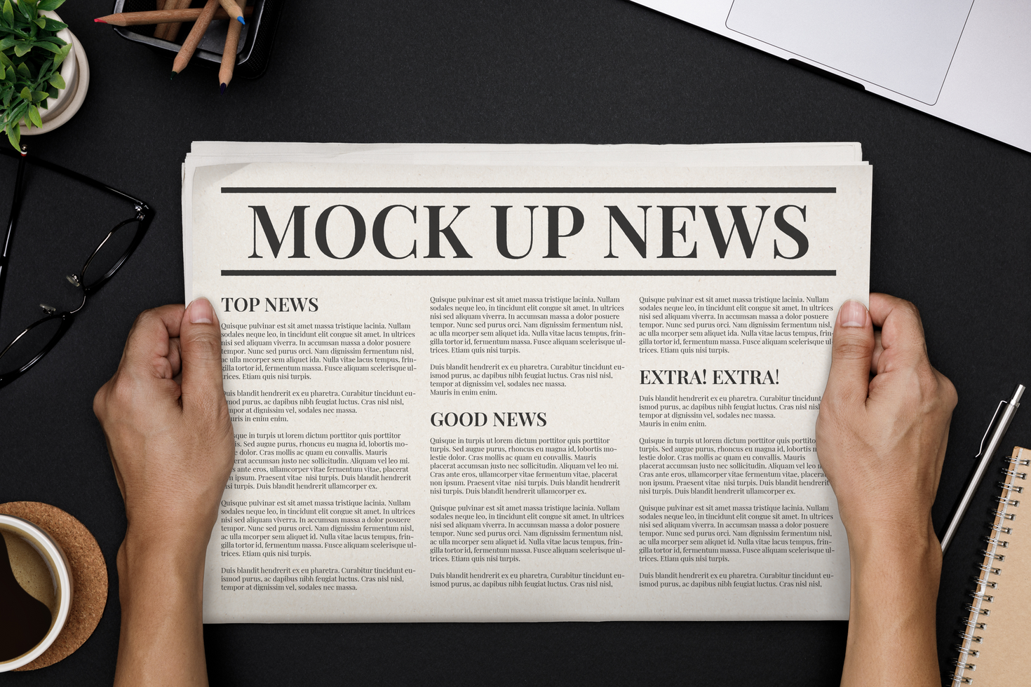 Hands holding Business Newspaper with copy space mockup template on black desk topview psd
