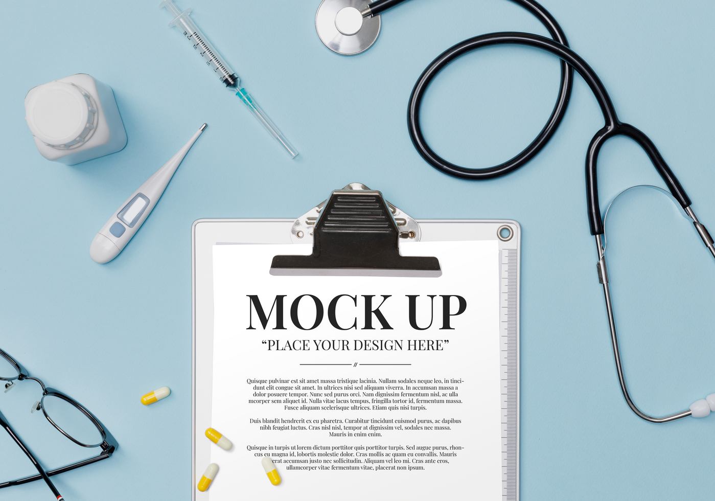 Doctor medical equipment blue table with stethoscope, medical documents, thermometer, syringe and pills with copy space mockup template psd