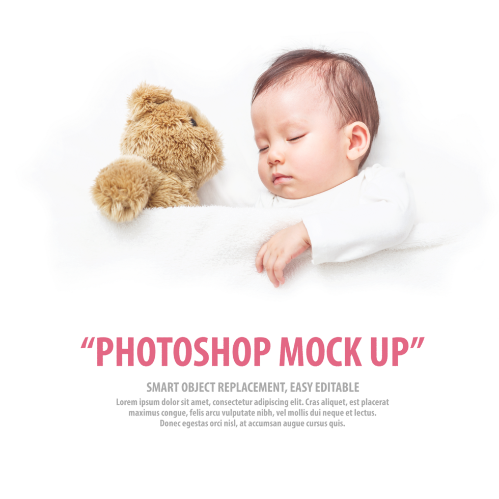 Baby girl sleeping on the white bed with mockup for you design psd