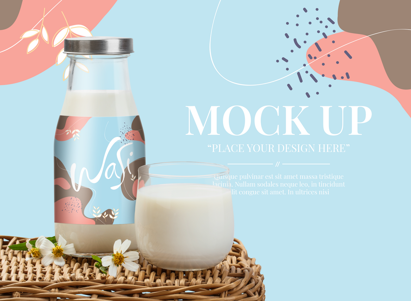 Transparent milk bottle mockup with glass psd