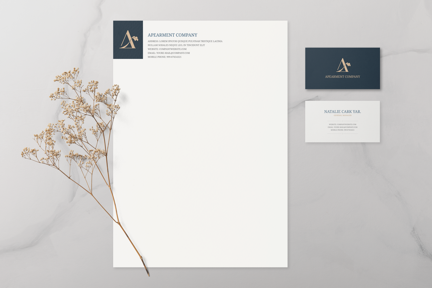 Business card and stationery mockup with dried flowers psd
