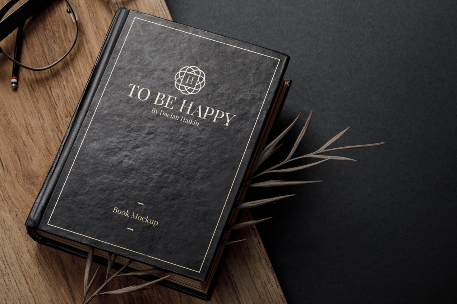 Vintage book cover mockup template with dry leaves psd