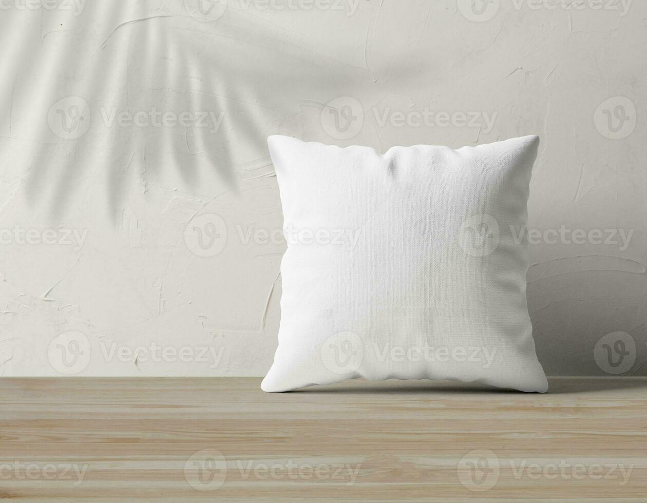 Square Pillow Mockup on Woden Desk photo