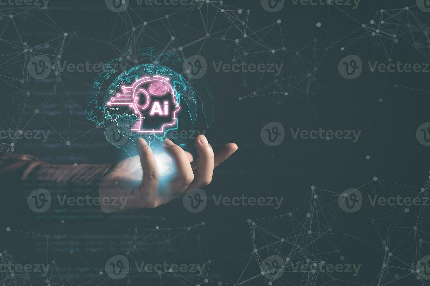 man use tablet command prompt ai chat. Big data storage.Digital Artificial Intelligence AI technology disruption concept. We are implementing storage technology support in the business. photo