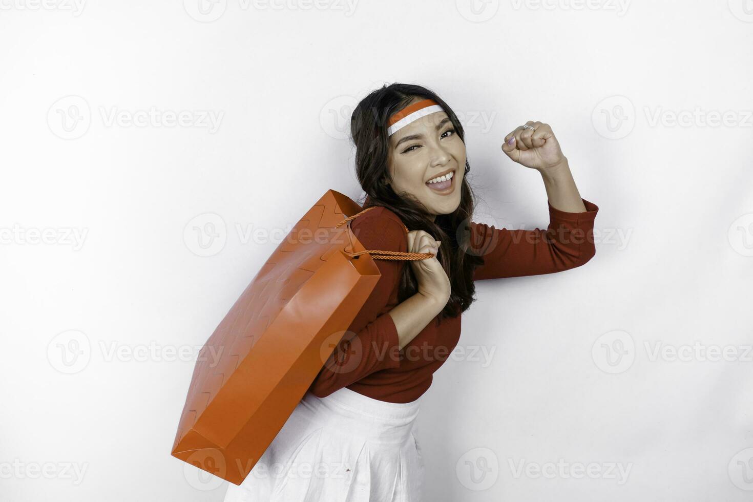 Smiling Young Woman Clothing Store Clearance Day Stock Photo by