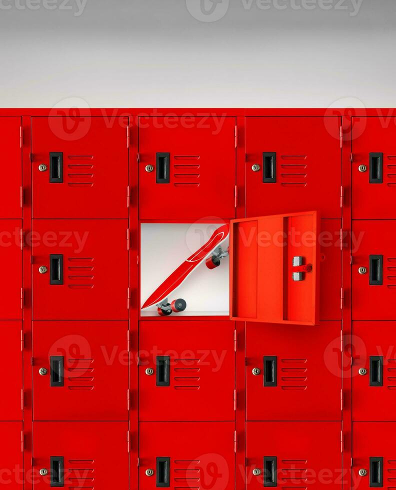 Red skateboard in a red locker with an open lid. photo