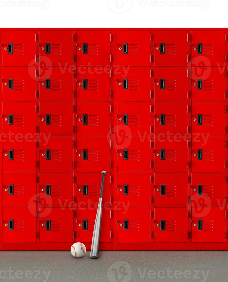 A baseball bat and a ball are placed in front of a red locker. photo