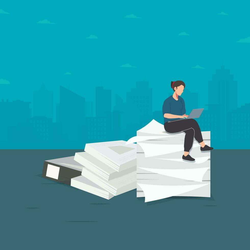 Businesswoman sitting and work on documents stack vector illustration