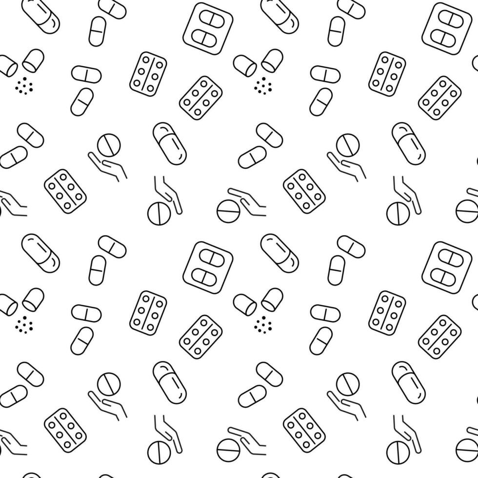 Pills, Granules, Tablets over Hand Seamless Pattern for Printing and Wrapping vector