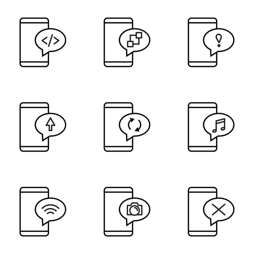 Vector outline signs and symbols drawn in flat style with black thin line. Editable strokes. Line icons of programming, developing, exclamation in bubble by phone