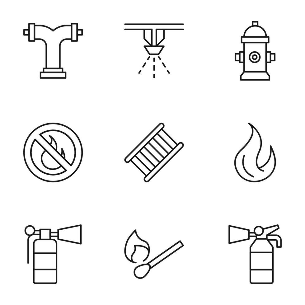 Collection of vector isolated signs drawn in line style. Editable stroke. Icons of fire hose, shower, hydrant, prohibition sign, ladder, flame, matches, fire extinguisher