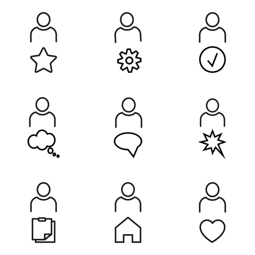 Vector outline signs and symbols drawn in flat style with black thin line. Editable strokes. Line icons of star, gear, heart, speech bubbles by user