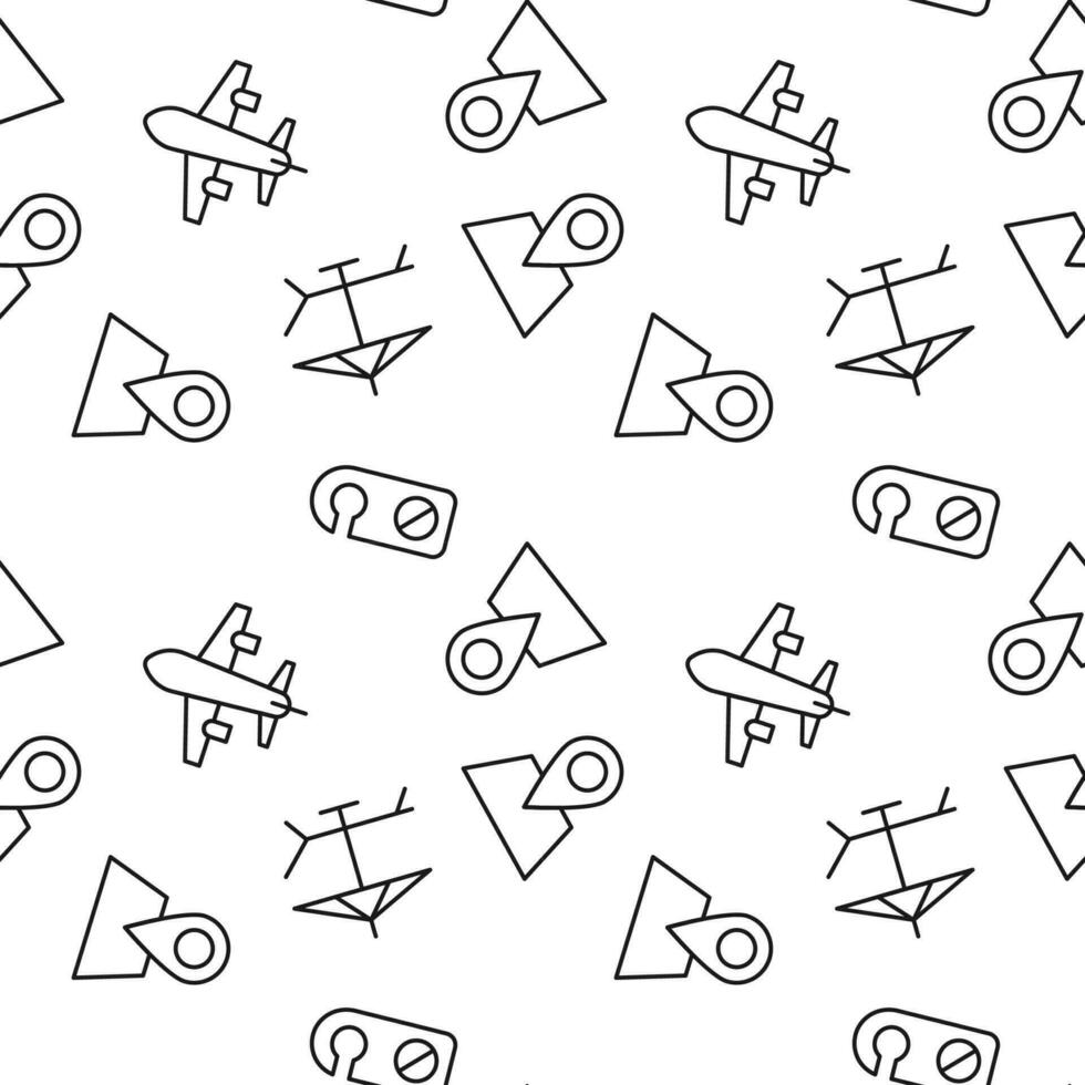 Seamless monochrome repeating pattern of deckchair, location pin, airplane, door hanger vector