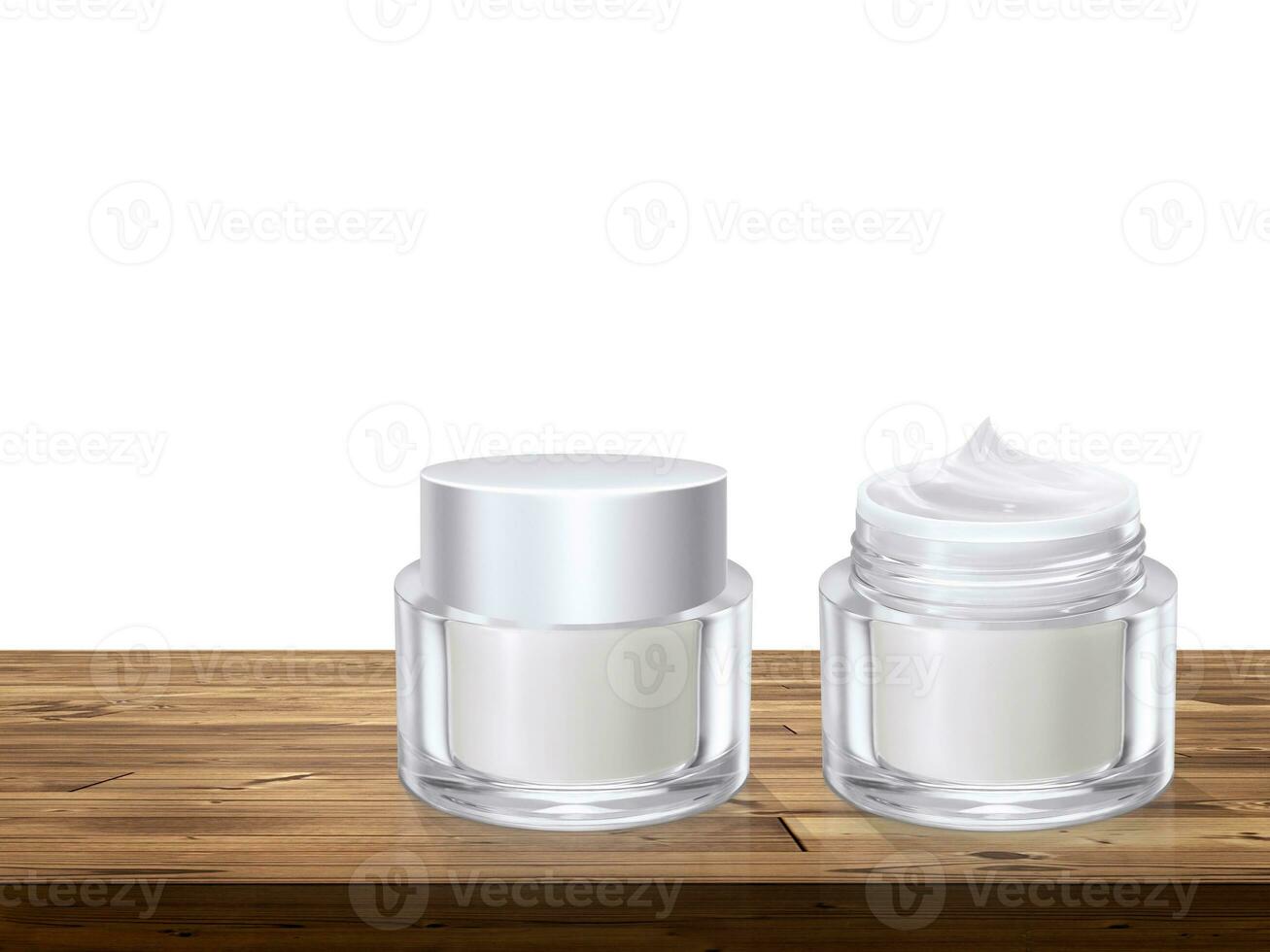 Opened and closed jar of cream on wooden table isolated on white background photo