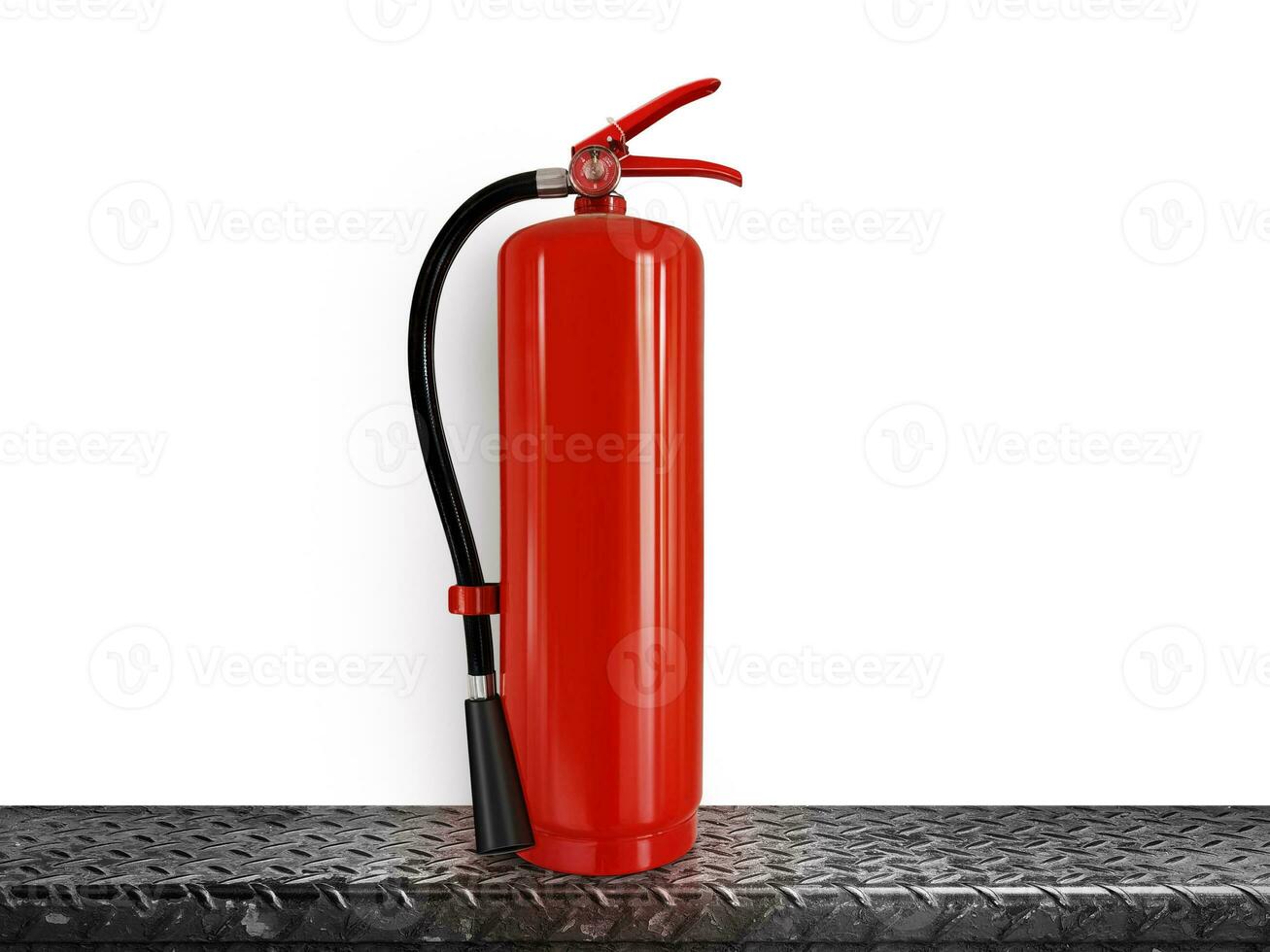 Fire extinguisher on steel background  white back photo