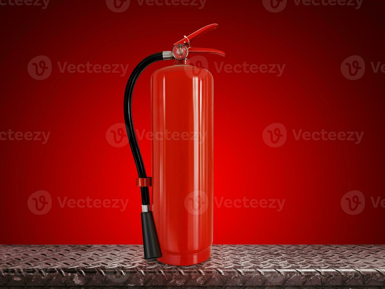 Fire extinguisher on steel background  red background photo