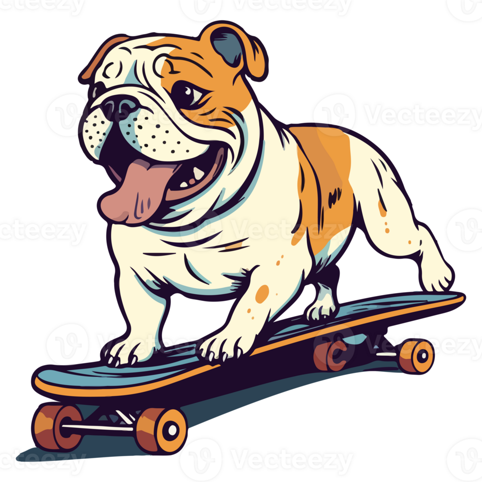 Funny and cute bulldog on a skateboard, Skateboarding dog. png