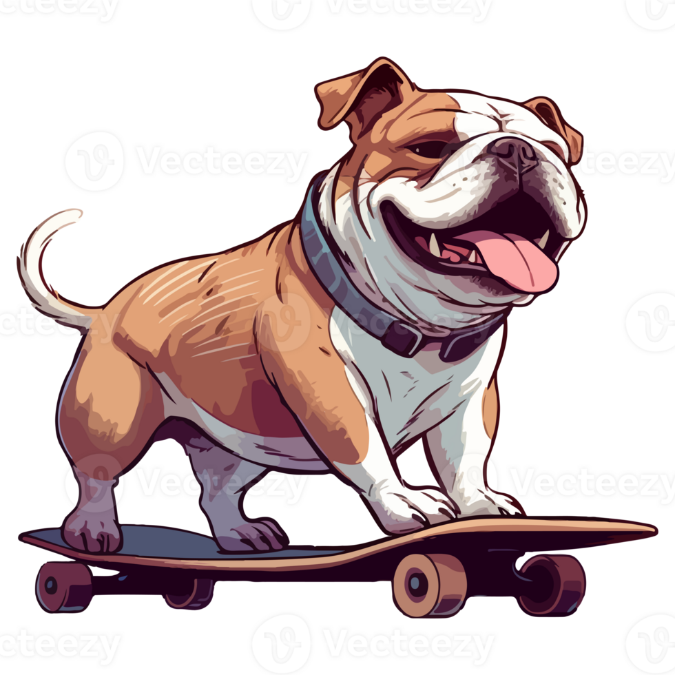 Funny and cute bulldog on a skateboard, Skateboarding dog. png