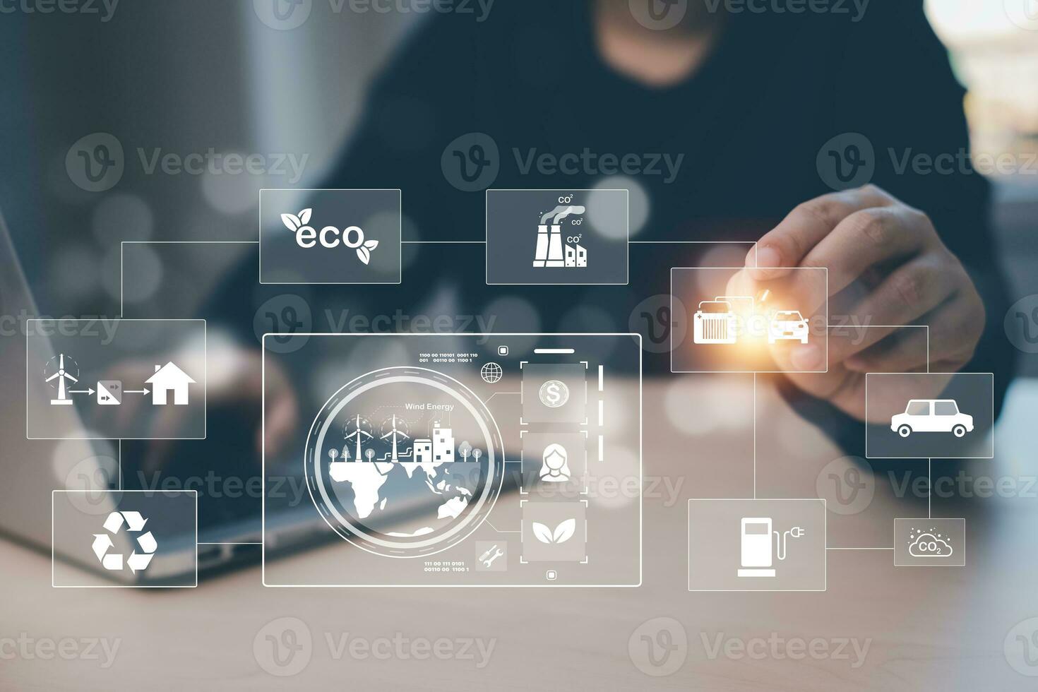 Man using laptop with global network connection with virtual modern reduce CO2 emission concept with icons, global warming emissions carbon footprint climate change to limit global warming, energy photo