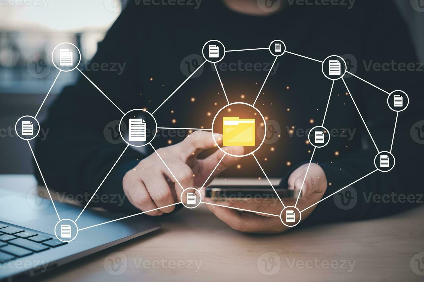 Online documentation database and document management system concept, Businessman using a tablet or computer, Document Management System and Automation software to archiving and efficiently manage. photo