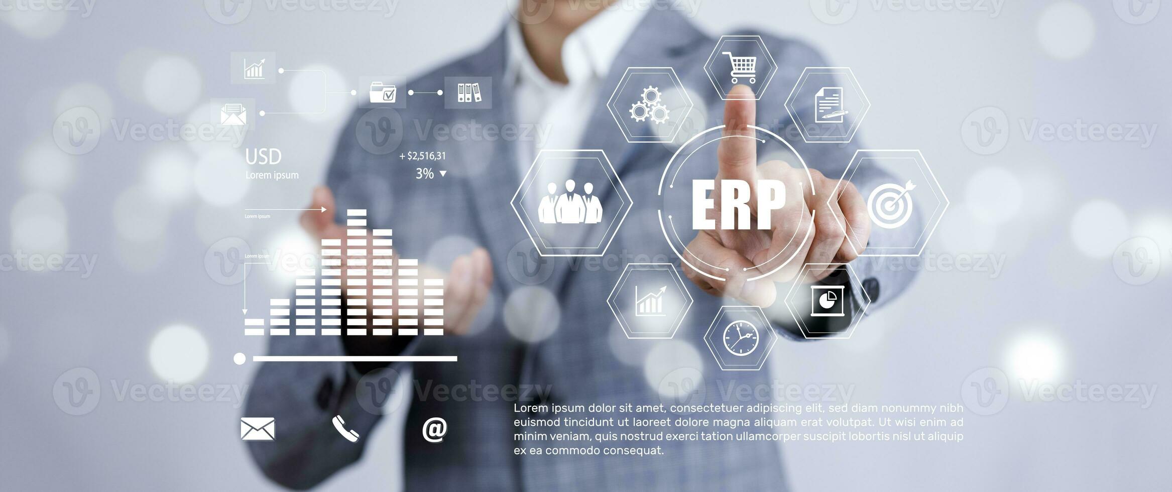 Enterprise Resource Planning ERP Corporate Company Management Business Internet Technology Concept, Businessman using laptop with document management, enterprise resource management software system photo