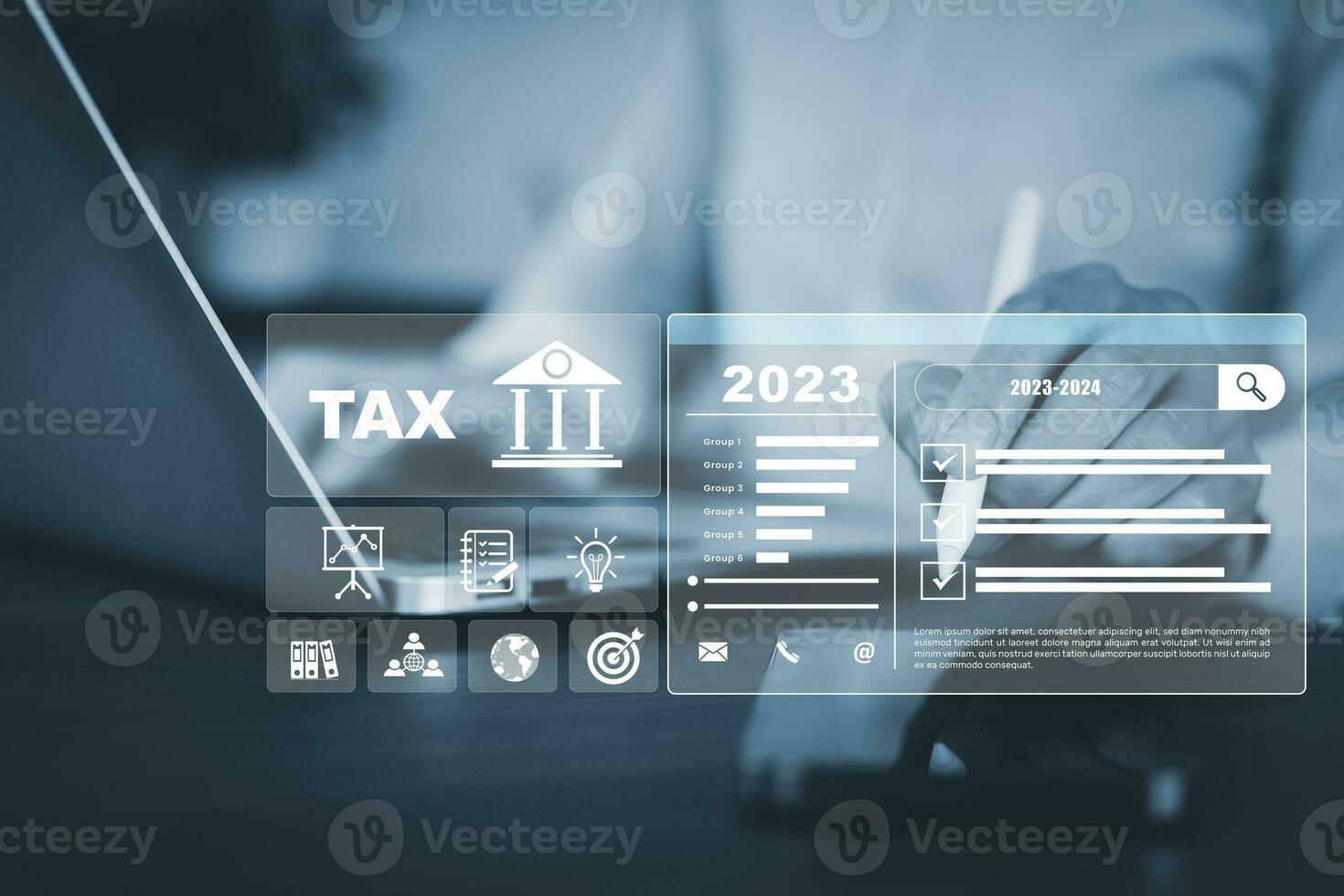 Concept of tax payment optimisation business finance,Man using calculator and taxes icon on technology screen,income tax and property, background for business, individuals and corporations such as VAT photo